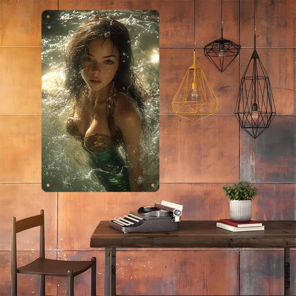Hisun Tin Sign HD Metal Wall Art Enchanting Mermaid with Flowing Wet Hair and Iridescent Green Scales Emerging from Sunlit Ocean Waves Perfect