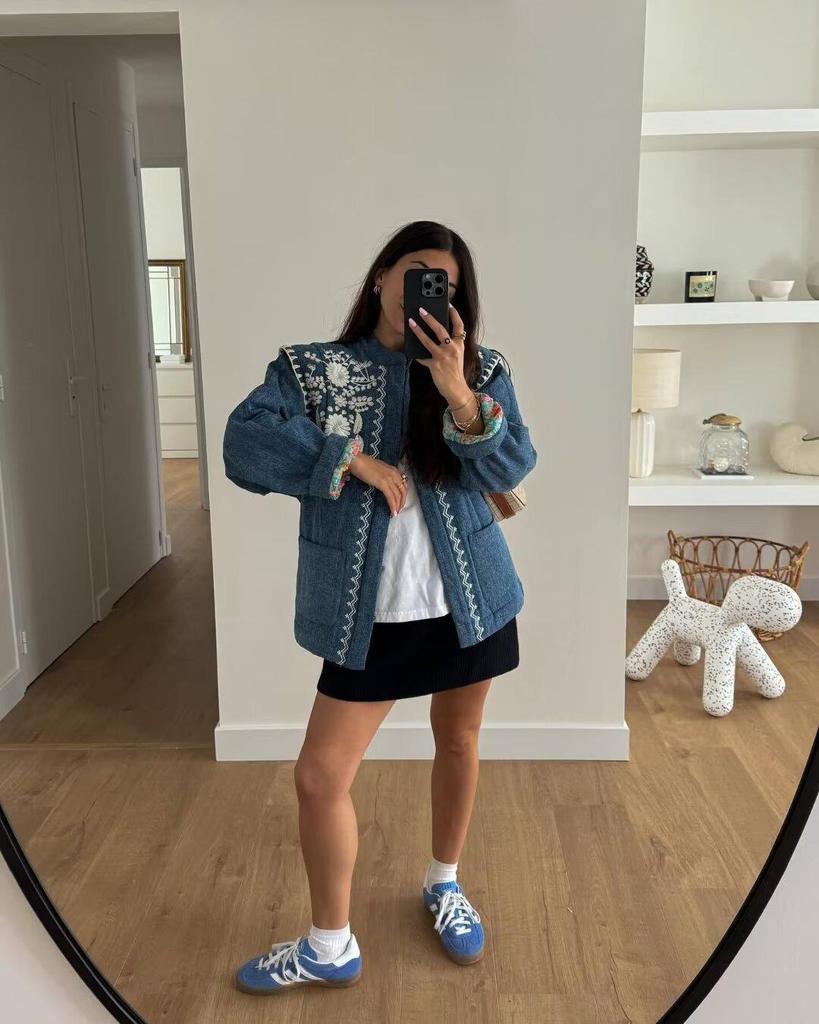 Retro Style Women's Denim Cotton Jacket: European-American Fashion Print, Open Front, Warm Coat