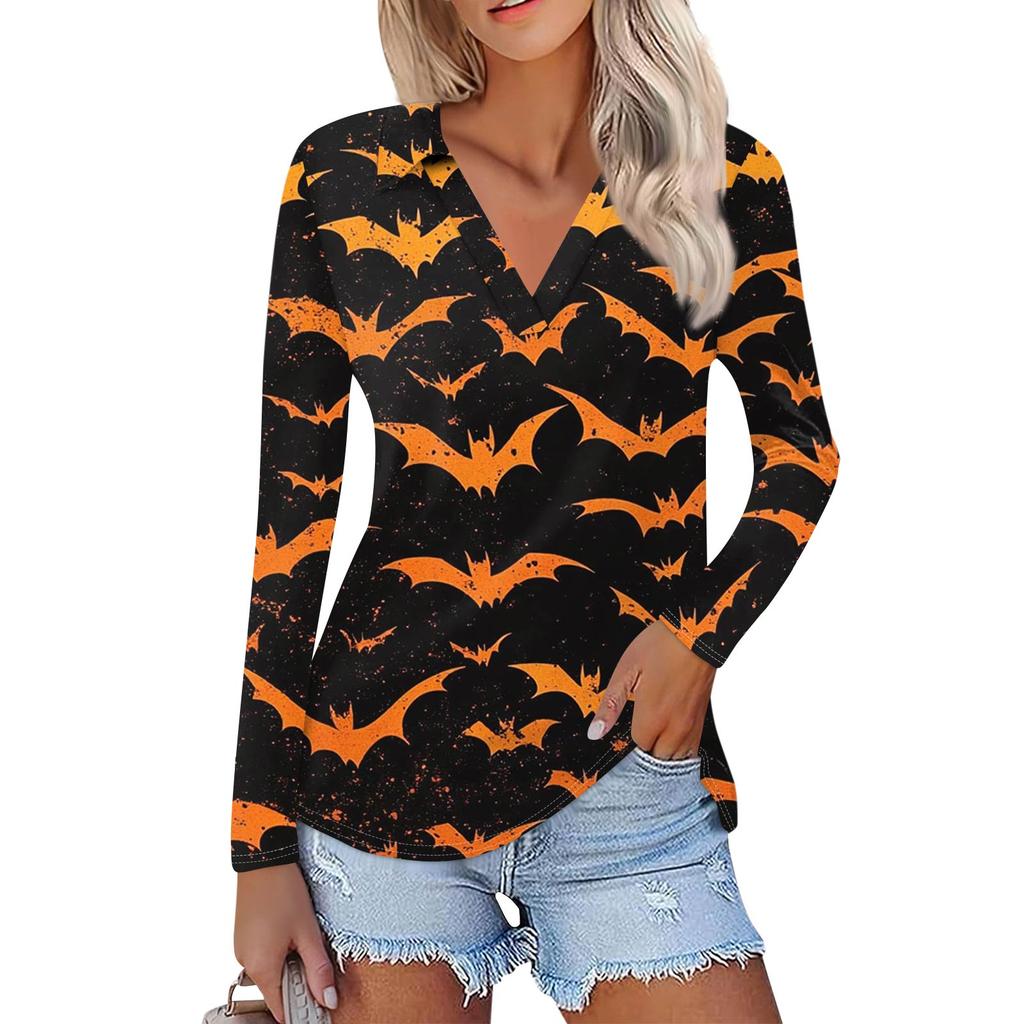 Women's Summer Fashion Casual  Printed V-Neck Long Sleeve Shirt Top