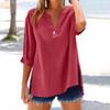 Women's Fashion Loose Standing Collar Button Split Cotton Linen Seven Sleeve T-Shirt Top