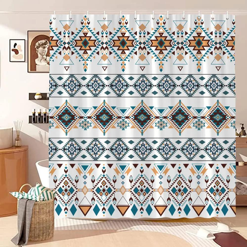 Vintage Geometric Lines Shower Curtain Modern Abstract Bohemian Minimalist Tones Polyester Fabric Shower Curtains Bathroom Decor