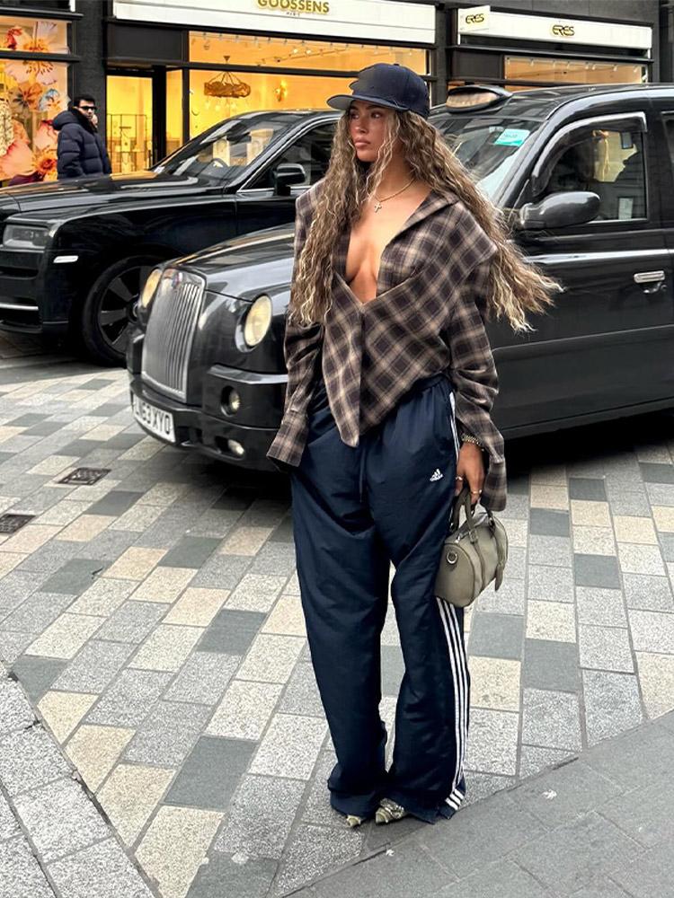 Camicie Eleganti a Quadri da Donna con Rever Maniche Lunghe Monopetto Oversize Autunno 2025 Lady Chic Streetwear