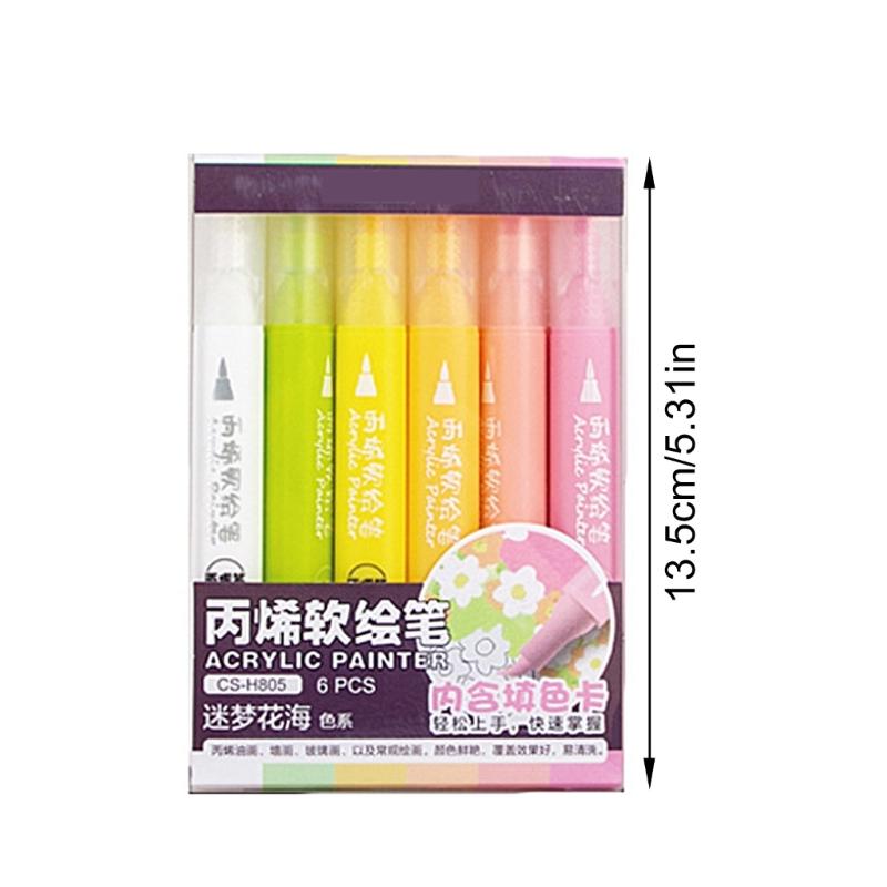 6Pcs Acrylic Marker 6 Color Acrylic Paint Pen Brush Marker for Painting On Wood Glass Fabric Metal Stone Scrapbooking