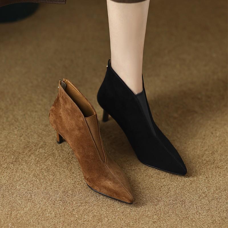 New Short Boots Women's Celebrity Style Slim Heel Pointed High Heels