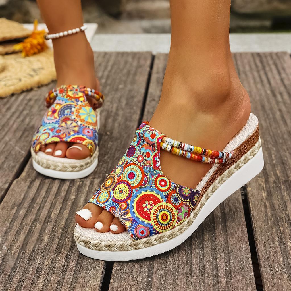 Fashion 2025 Summer Casual Color Blocking Sandals for Women Dressy Comfortable Soft Leather Thick Soled Slope Woven Straw Slippers