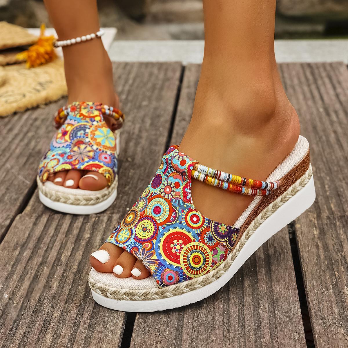 

Summer Casual Color Blocking Sandals Women Dressy Comfortable Thick Bottom Beach Shoes Woven Straw Sandals 36