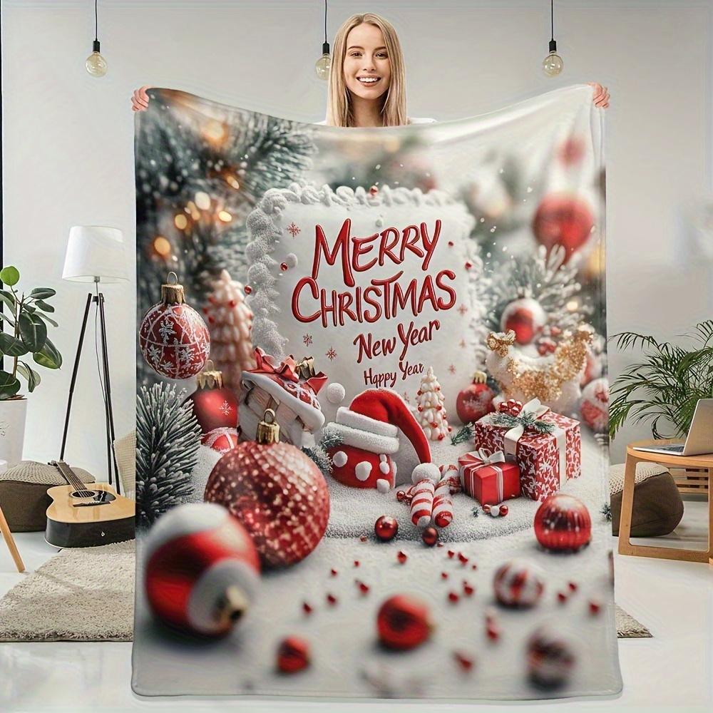 1pc Christmas Decor Happy New Year Flannel Blanket - Festive Red And Golden Snowflake Pine Tree Gift Design, Soft Warm All-Season Sofa Bed Travel Camp