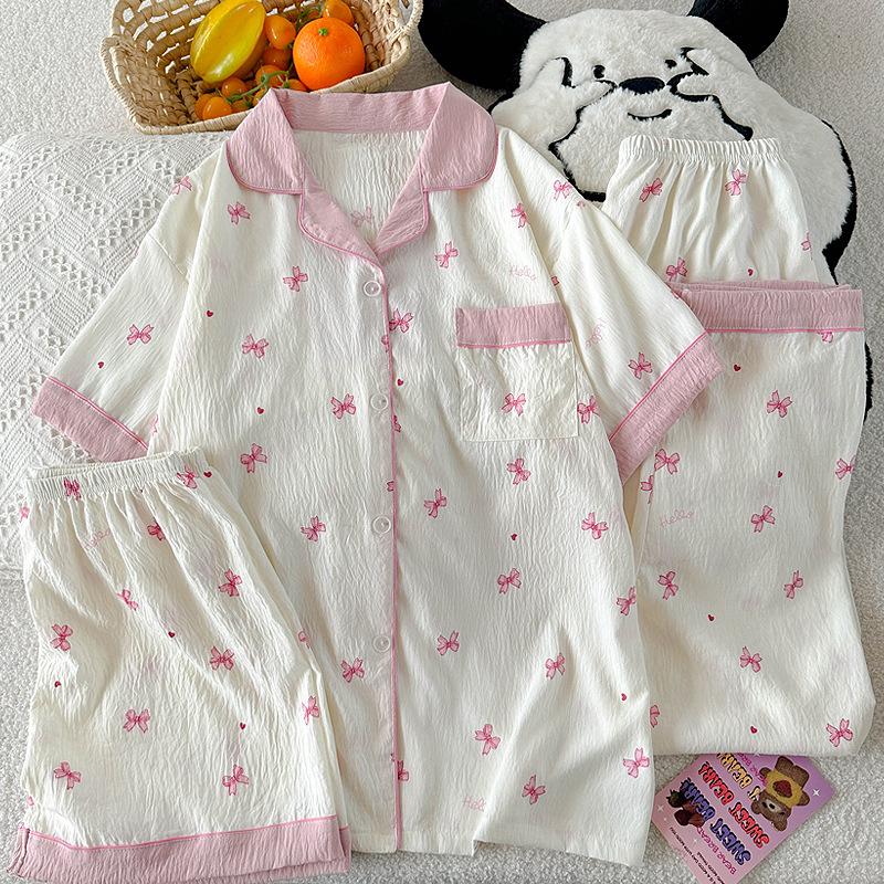 Mädchen Wind Wolke Baumwolle Sommer Pyjama Damen Süße Schleife Kurzarm Mode Loungewear Dreiteiliges Set