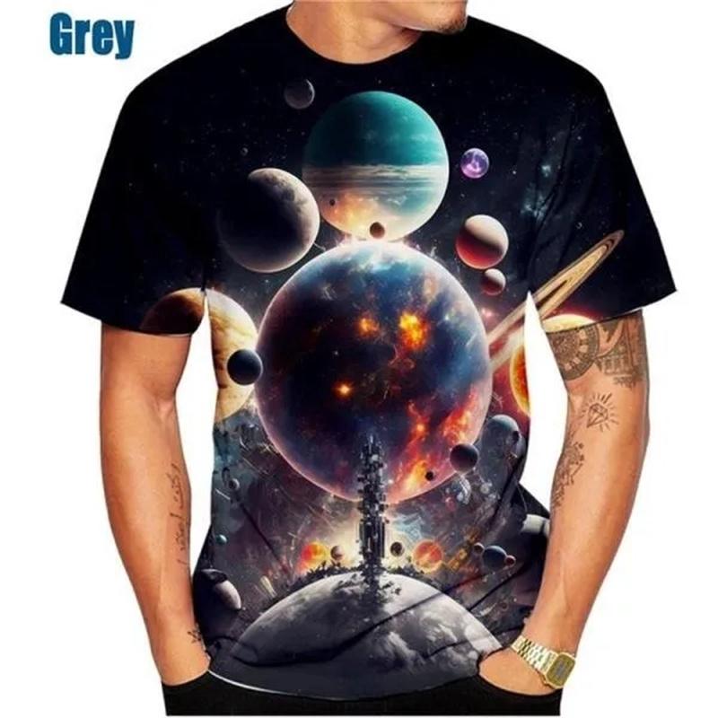 3D-gedruckte Weltraum-Planet Herren-T-Shirts Galaxie Äußeres Muster T-Shirts Sommer Harajuku Locker Rundhals Kurzarm Tops