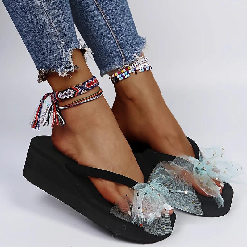 Fashion 2025 Summer Colorful Mesh Bowknot Flip Flops for Women Star Sequins Wedges Clip Toe Sandals Lightweight Platform Beach Slippers
