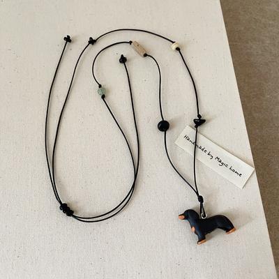 Three-Dimensional Dachshund Natural Stone Black Rope Long Necklace Female Literary And Retro Temperament Elegant Versatile Neck Chain Sweater Chain
