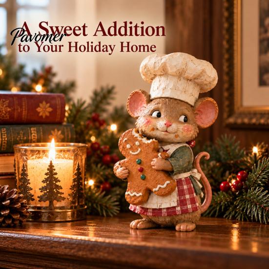 Gingerbread Baker Statue Mouse Figurine, Whimsical Hand-painted Mice with Cookie, 6.7'' Cottagecore Cute Chef Ornament Xmas for Mantel Tabletop