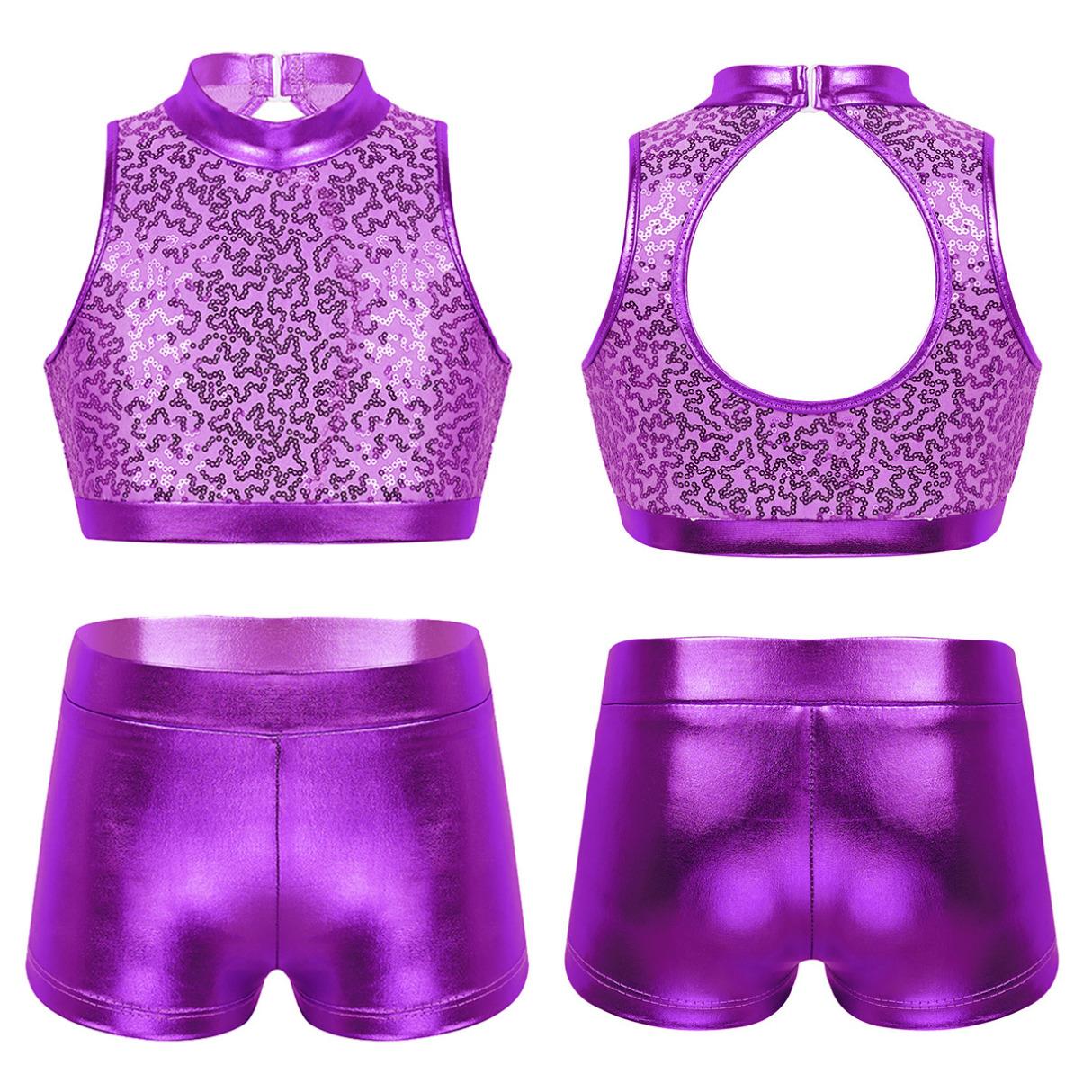 Inlzdz Kinderen meisjes metallic tweedelige dansoutfit racerback sporttankini cop-top met gymnastiekbroek 9-10 Years paars
