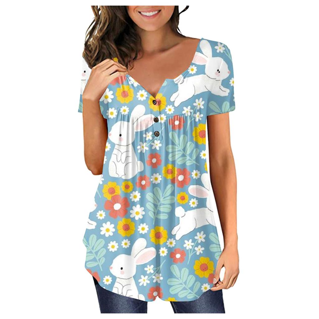 Women's Easter Short Sleeve Tops Loose Tops Casual Oversized Tops Pleated Tops Button Tie Tops Women