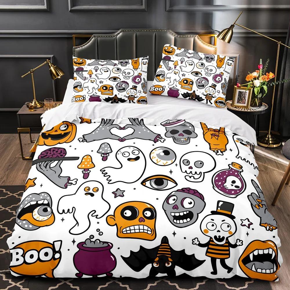 3D Print Halloween Bedding Set, Halloween Cartoon Jack O' Lantern Tombstone Skulls And Bones 2-3Pcs Polyester Duvet Cover Set