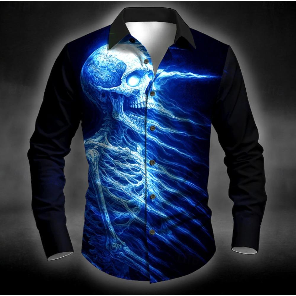Men's Skeleton Printed Long Sleeve Shirts Casual Cardigan New Button Holiday Fashion Shirts