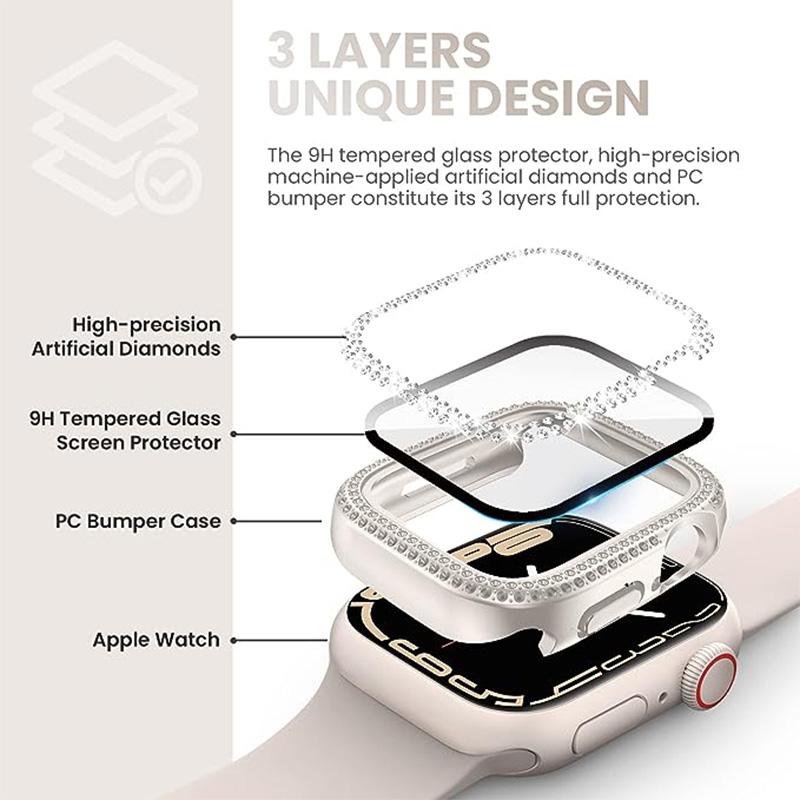 Tempered Glass Screen Protector for Apple Watch Case 45mm/41mm/40mm Series 9/8/7/6/se/5/4 Diamond PC  for iWatch 38mm/42mm/44mm