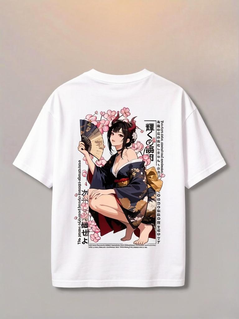 

An Animestyle Girls Unisexs Tshirt with Cherry Blossom and Fan Patterns Winterspring Edition in American Anime Style XL