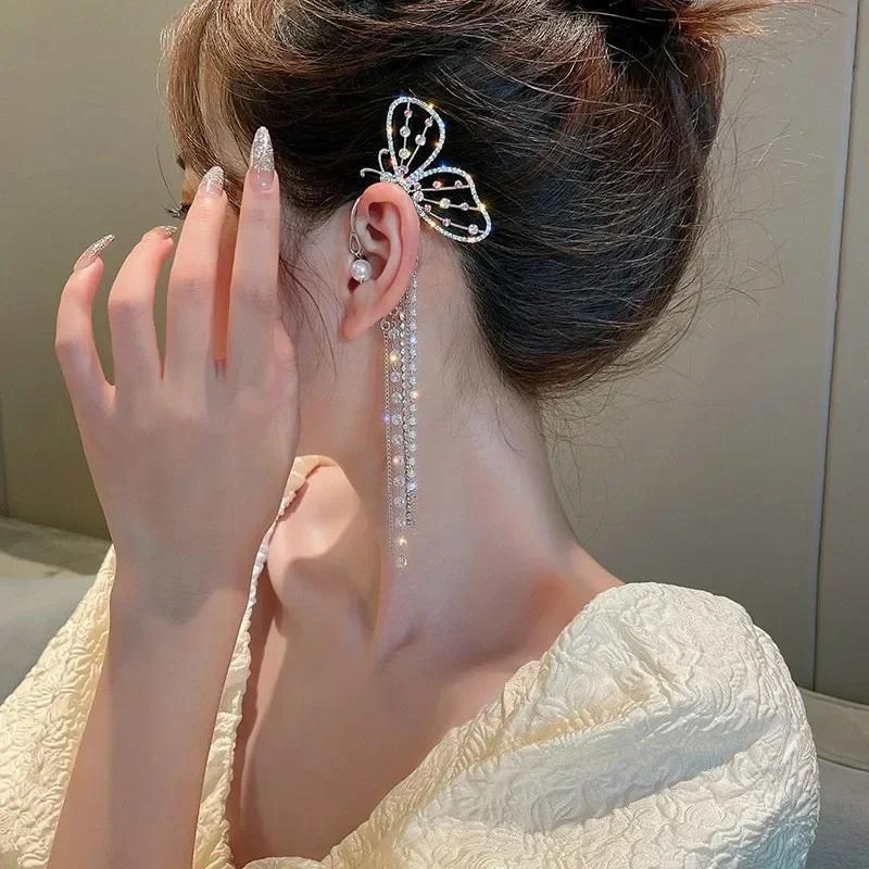 Retro Crystal Butterfly Pearl Earrings with Fashionable Long Tassels Sexy Hollow Out Women's Elegant Earring Sweet Girls Jewelry
