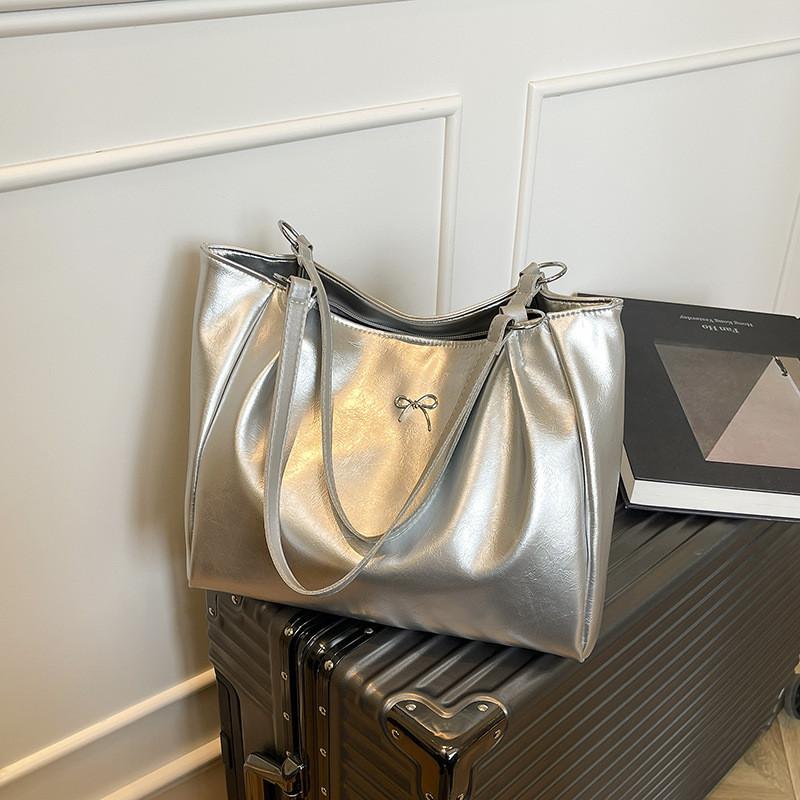 Color Simple Solid Bow Decoration Large Capacity Women Casual Tote Bag For Daily
