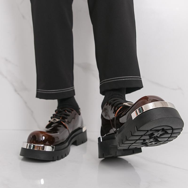 Fashion Men Harajuku Korean Man Leather Shoes Streetwear Fashion Casual Thick Platform Height Increase Metal Leather Wedding Men Loafers