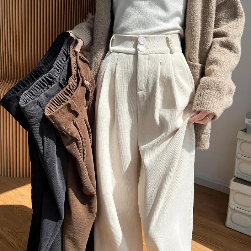 Pantalones Gruesos de Felpa de Algodón Europeo de Cintura Alta Pierna Ancha para Mujer para Primavera, Otoño, Invierno
