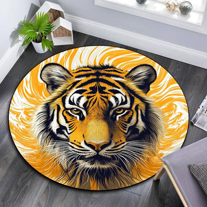 Golden Tiger Round Area Rug,Carpet Rug for Living Room Bedroom Sofa Playroom Decor,Non-slip Floor Mat