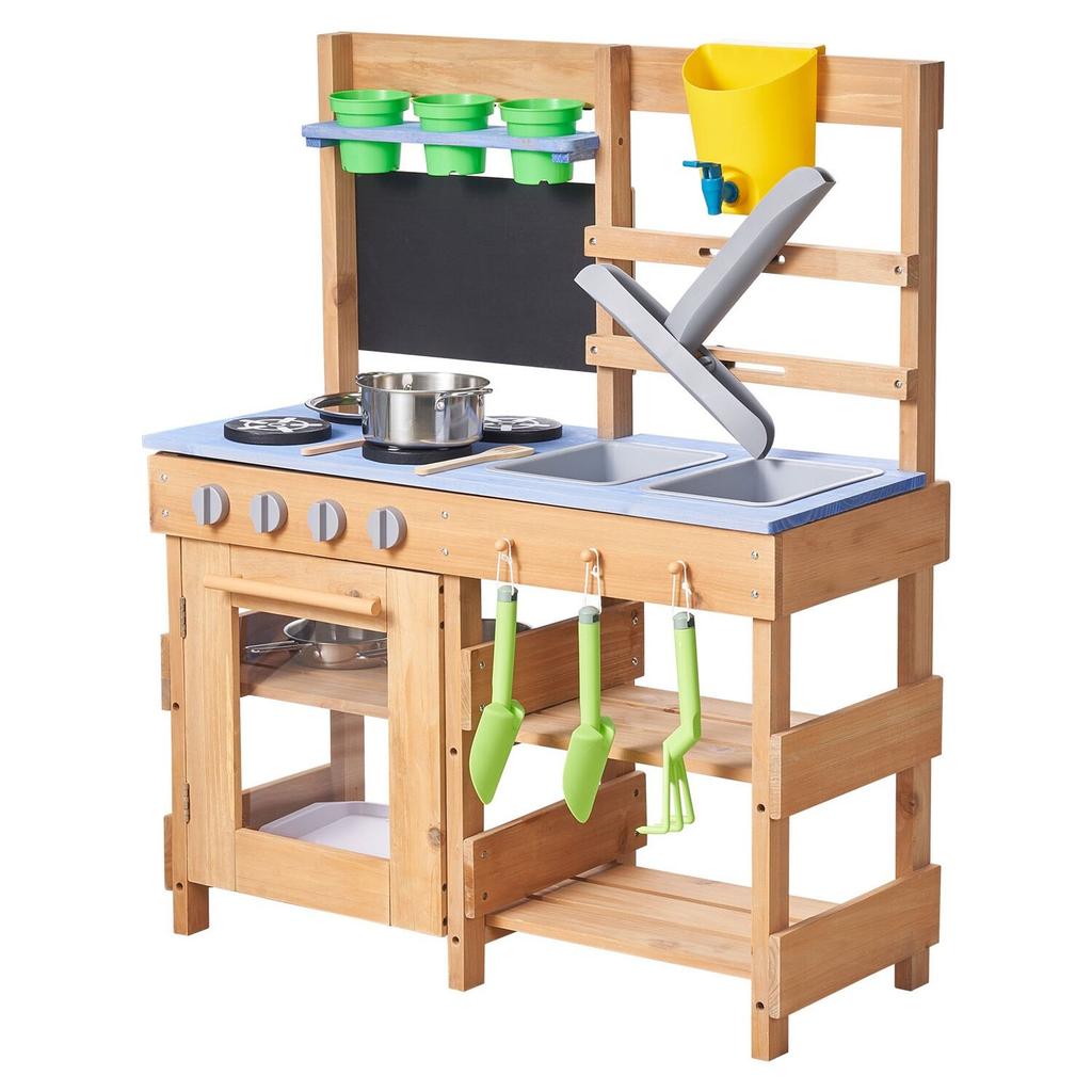 Mud Kitchen, Outdoor Mud Kitchen for Kids, Wood Outdoor Play Kitchens with Stoves, Hooks, Sinks, Planting Shovels, Spatulas, Handle, Cookware Pots and