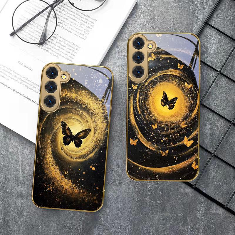 Vortex Black Butterfly For Samsung Galaxy S20 FE S21 S22 S23 Plus S24 Ultra S25Ultra S21+ S9+ S22Plus Golden glass phone case