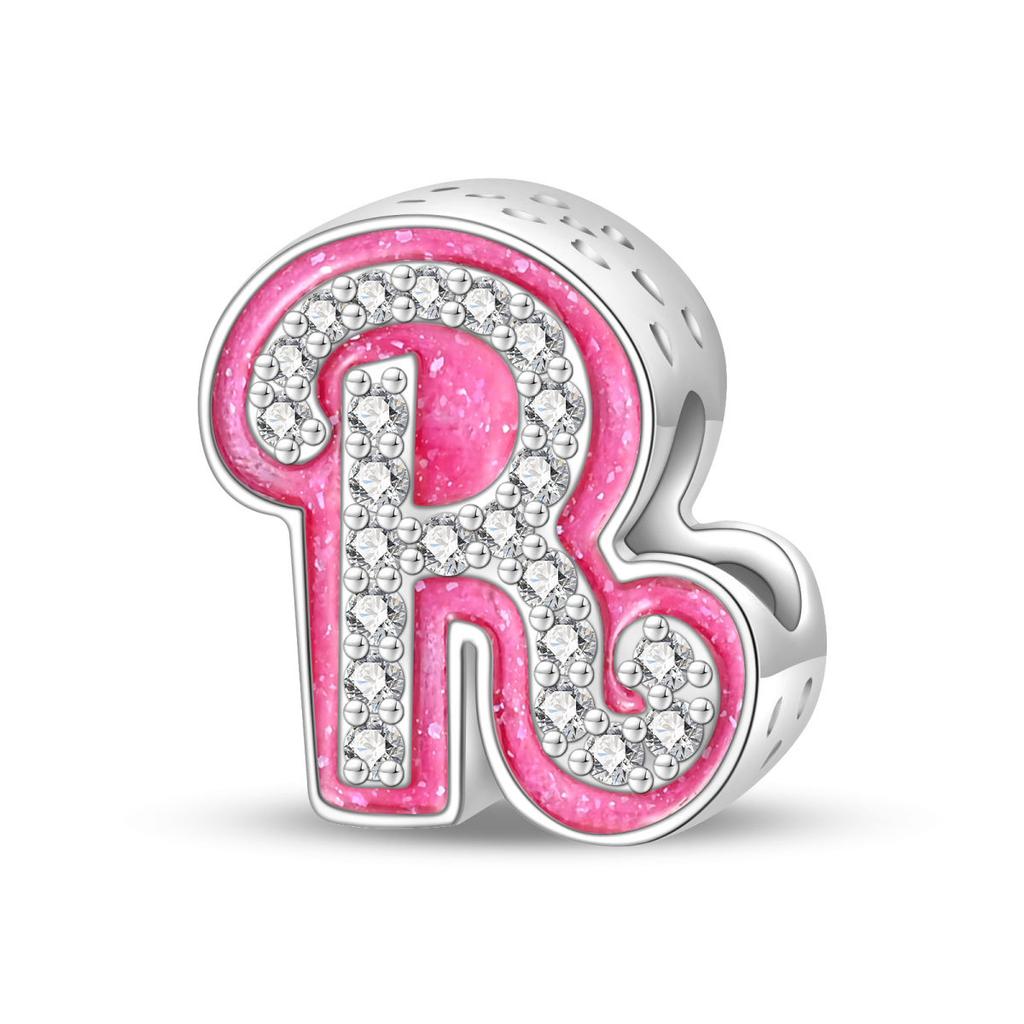 Pink Barbie Style Alphabet Bead Charms DIY Bracelet Jewelry Accessories 925 Silver