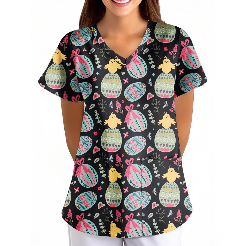 Women's Easter Print Loose V-Neck Pocket Short-Sleeve Caregiver/ Uniform