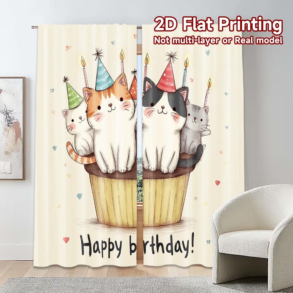 2pcs, 2D FLAT PRINTING Curtains (Without Rod) Birthday Cats Modern Modern Curtain Versatile Polyester Curtains Decorations