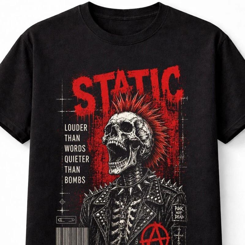 Static Punk Skull Mohawk Skeleton Anarchy Graphic Unisex TShirt S