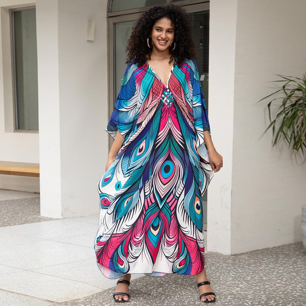 Strand Kaftan Kleider Damen Handgefertigt Gewebte Dekoration Cover Ups für Badebekleidung Schmetterling Bedruckte Maxi Robe Heißer Verkauf