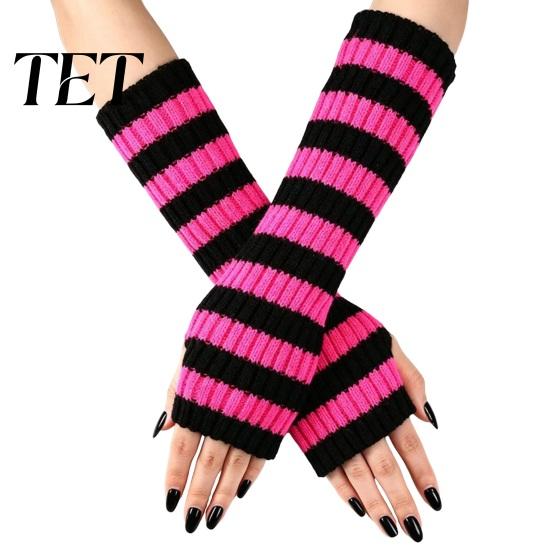 Stylish Half Finger Gloves Striped Knitted Arm Warmers for Women, Fingerless Sleeves, Soft Winter Daily Commuting Gear Thermal Wrist Autumn