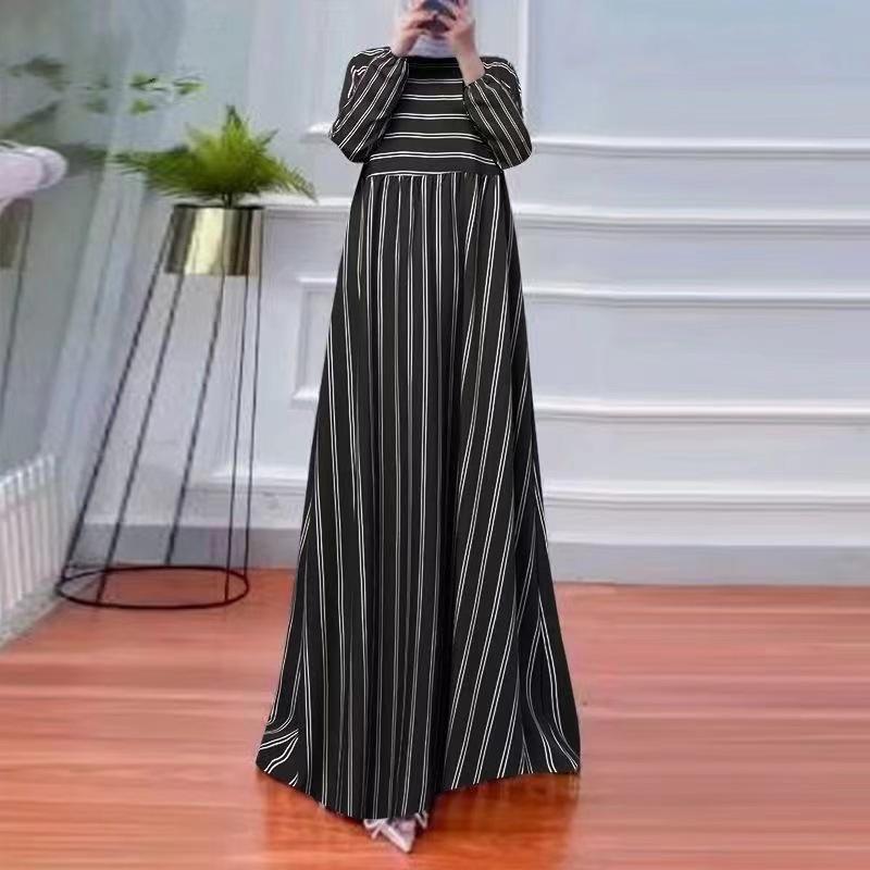 

2024 Striped Loose-Fit Muslim Maxi Skirt with Long Sleeves and Round Neck - Extra Large Extra Large чорний