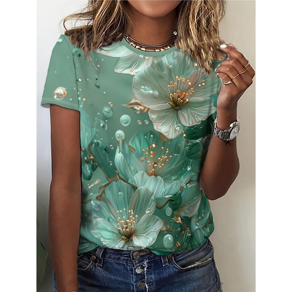 Summer Fashion Ladies T Shirt Beautiful Floral Pattern Printed Tee Round Neck Short Sleeve Regular Tops Women's T-Shirt