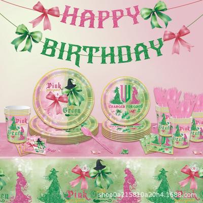 Pink Green Witch Theme Birthday Party Cutlery Paper Plates Paper Cups Paper Towels Tablecloths Flag Birthday Party Supplies