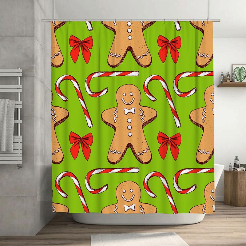 

Tu Christmas Shower Curtain Festive Holiday Decor Gingerbread Man Candy Cane Pattern Waterproof Bathroom Fabric Backdrop Holiday W60H190(CM)-1 Pcs