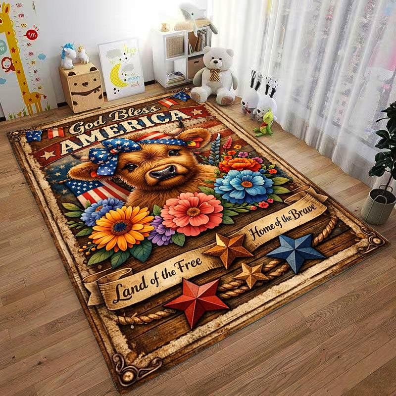 God Bless America Cow Floral Carpet Non-slip Rug Suitable for Living Room and Bedroom Sofas