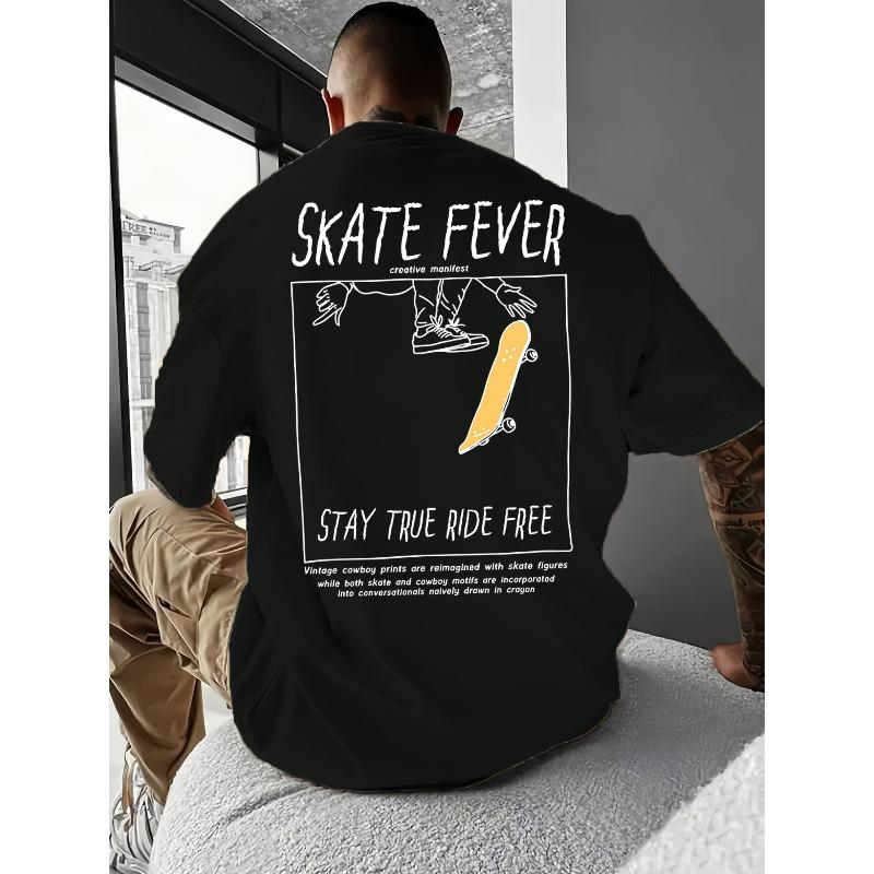 

European Size Skateboarding Hot Creative Manifesto Men s Crew Neck T-Shirt, Combining Vintage Denim Patterns with Skateboarding Elements, Street Style 4XL чорний