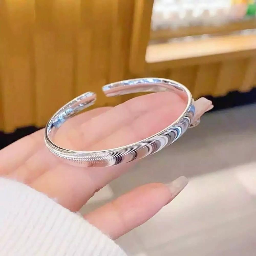 Waterproof Opening Brushed Bangle with Ripple Pattern Silver Wrist Circle Cat's Eye Bracelet Women