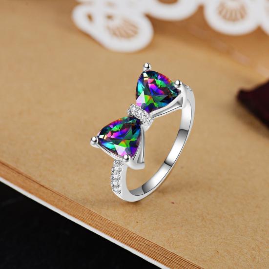 Yousheng Women Ring Aesthetic Bow-knot Shiny Rhinestone Inlaid Sparkling Decorative Valentines Gift Colored Cubic Zirconia Forefinger Ring Jewelry