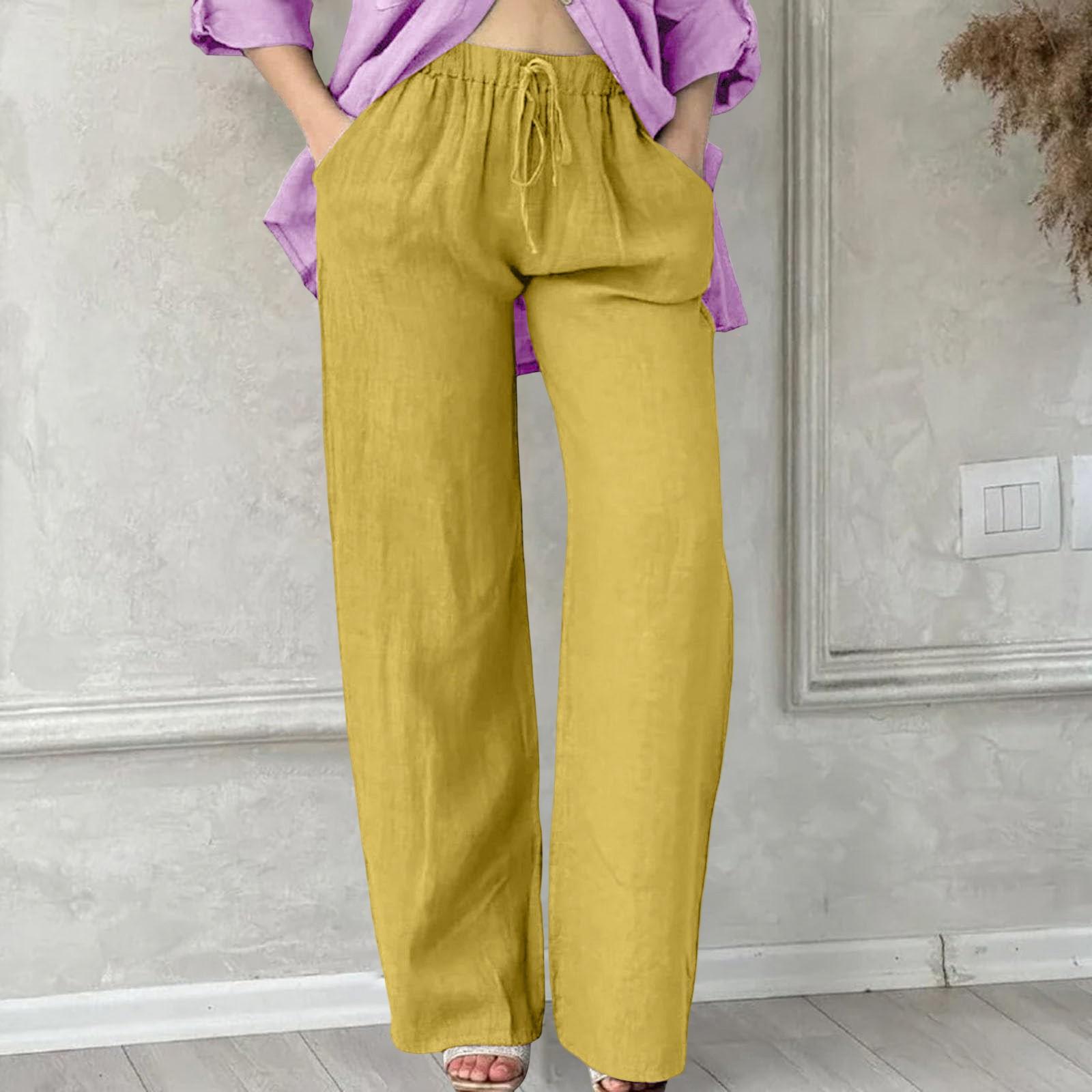 

Льняные брюки для женщин, повседневные, однотонные, с эластичной резинкой на талии, длинные прямые брюки XL жёлтый