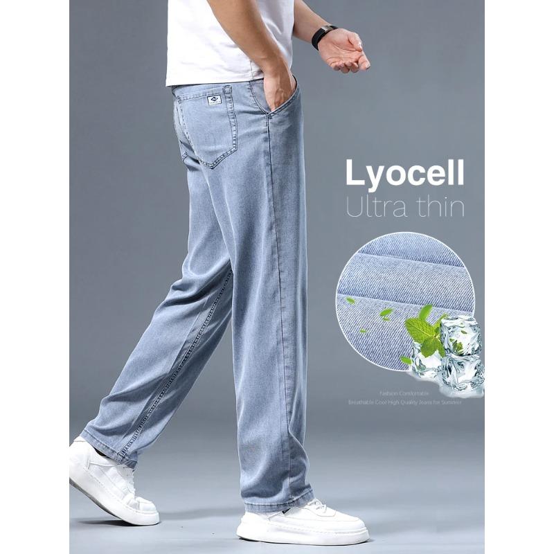 Summer Ultra-thin Men's Jeans Lyocell Soft Breathable Loose Straight Light Blue Denim Pants Business Casual Ice Silk Trousers
