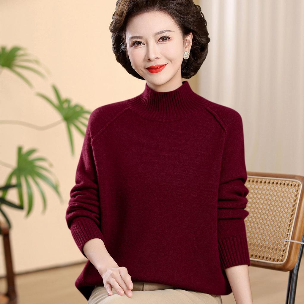 Women's 100% Pure Wool Winter Turtleneck Sweater - Plus Size, Solid Color, for Middle-Aged & Elderly