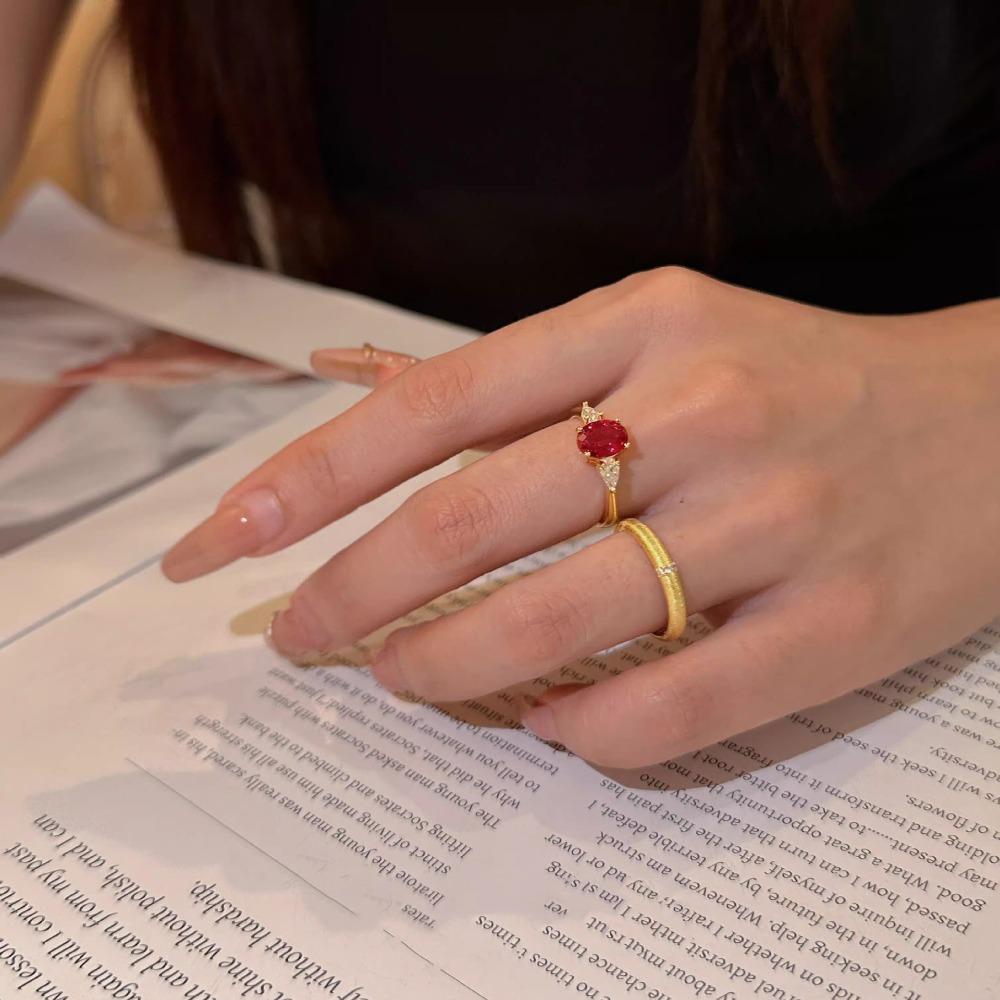 Classic French Vintage Style Simulated Ruby Ring Gold Plated Diamond Wedding Band for Women Festive Red Jewelry