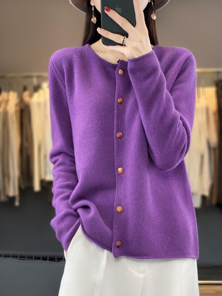Women's 100% Wool Loose Slimming Round Neck Cardigan with Metal Buckle