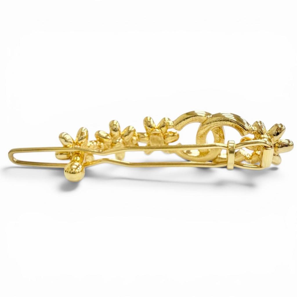 Used Excellent Condition  CHANEL Coco Mark Flower Rhinestone Barrette Hair Clip Hairpin Hair Accessory Gold With Box