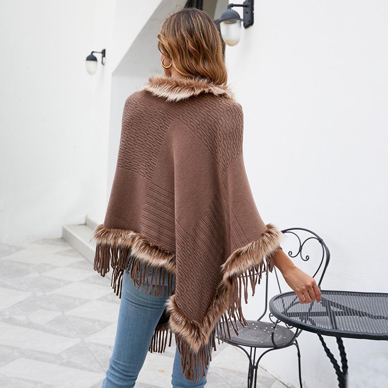 Mao Mao Yu Women's Solid Color Tassel Cape: 2026 Autumn/Winter European & American Loose Knit Pullover Shawl